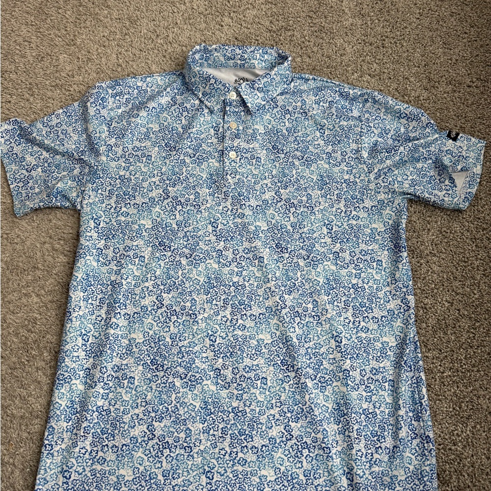 kaipar Men's Blue floral golf polo- size large